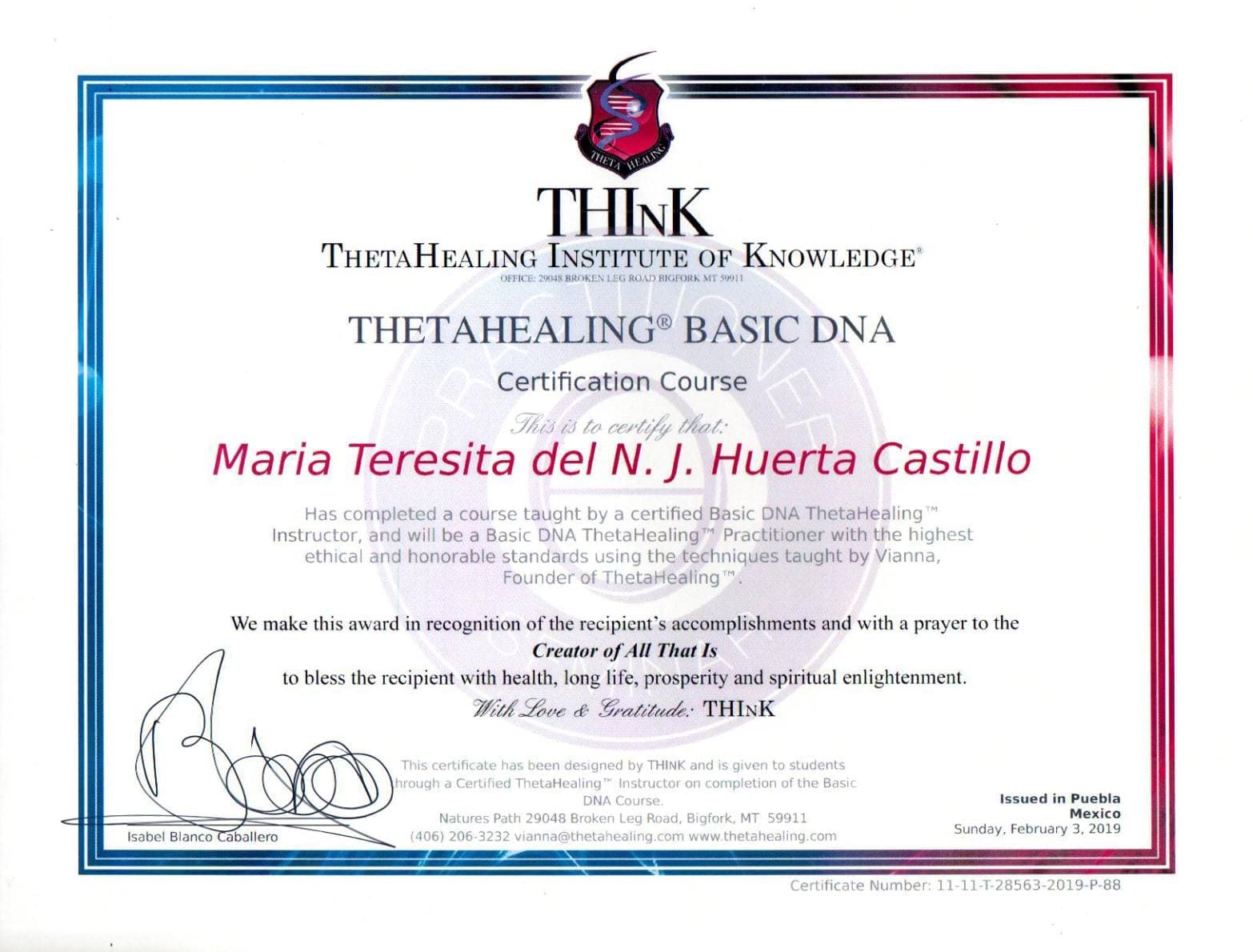 Certificado Thetahealing BASIC DNA