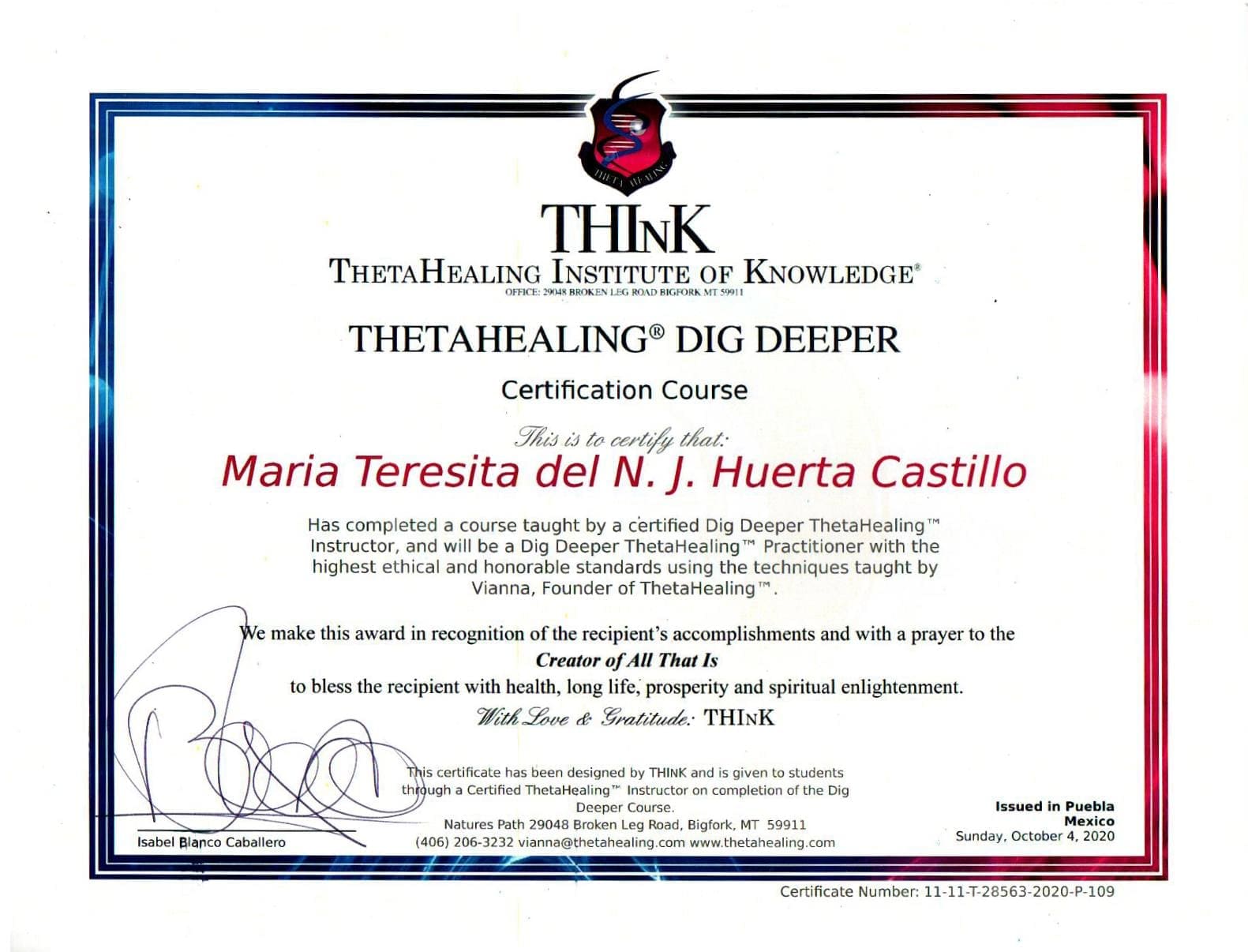 Certificado Thetahealing DIG DEEPER