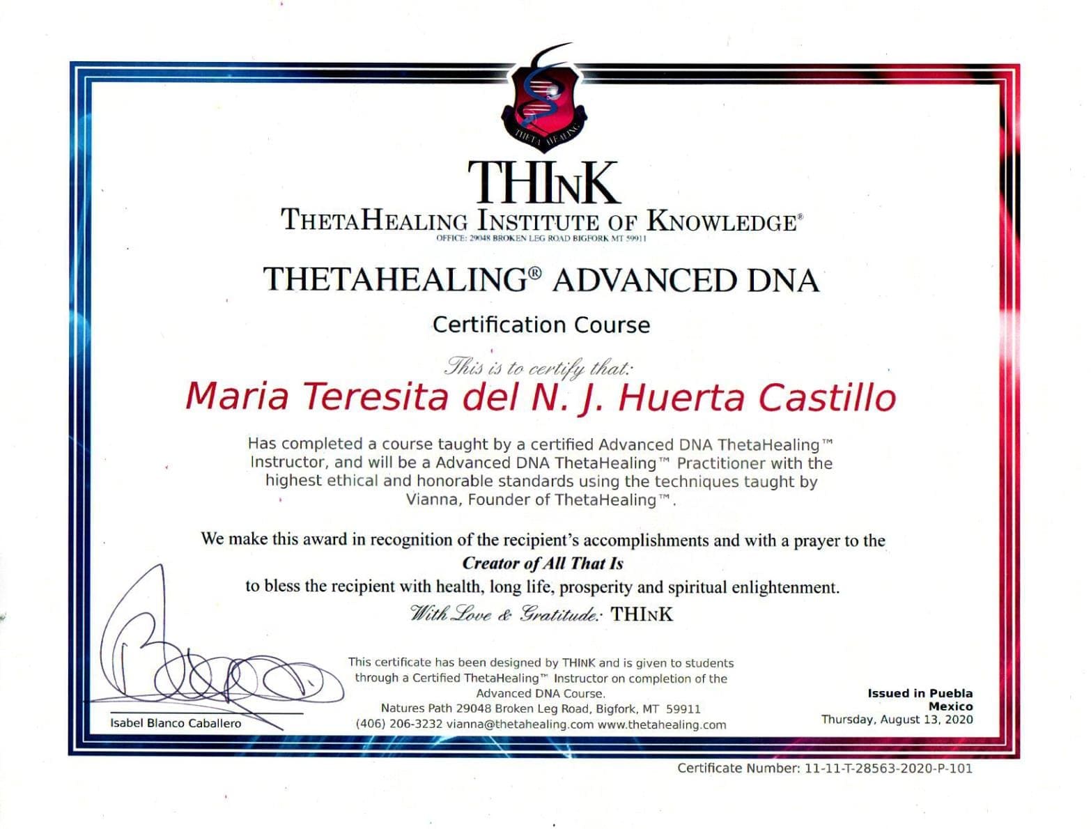 Certificado Thetahealing ADVANCED DNA